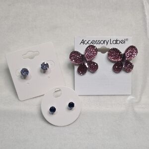 Lot of 3 Pairs Pierced Earrings Purple Blue Stud Butterfly Shiny Crystal Fashion